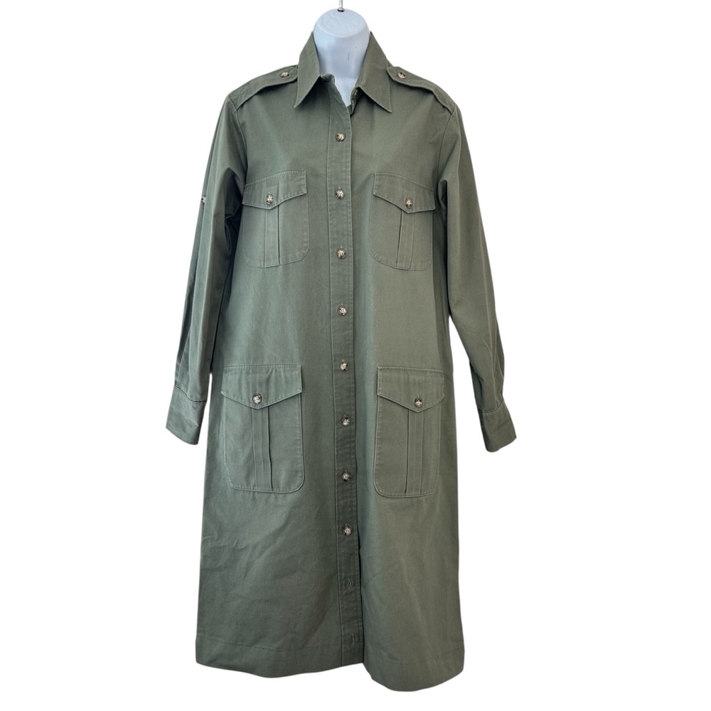 Willis & Geiger Outfitters VTG Bush Poplin Safari Midi Dress 12 Army Green USA